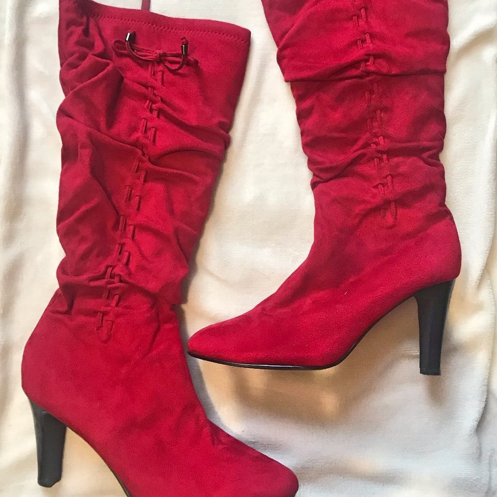 IMPO Stretch - Red Faux Suede Knee-High Boots